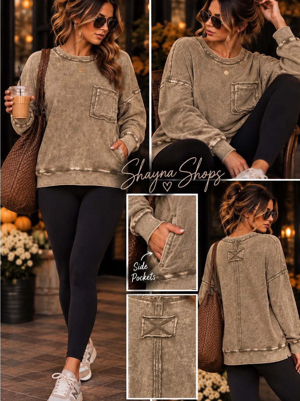 Zenana Acid Washed Mocha Pullover Sweatshirt Chest/Side Pockets French Terry